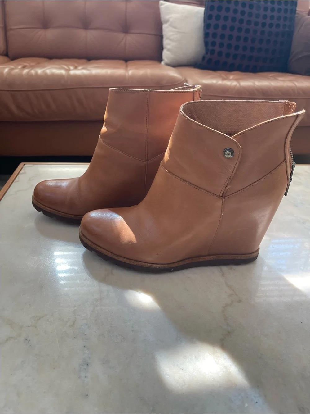 UGG Women's Tan Leather Wedge Ankle Boot 8